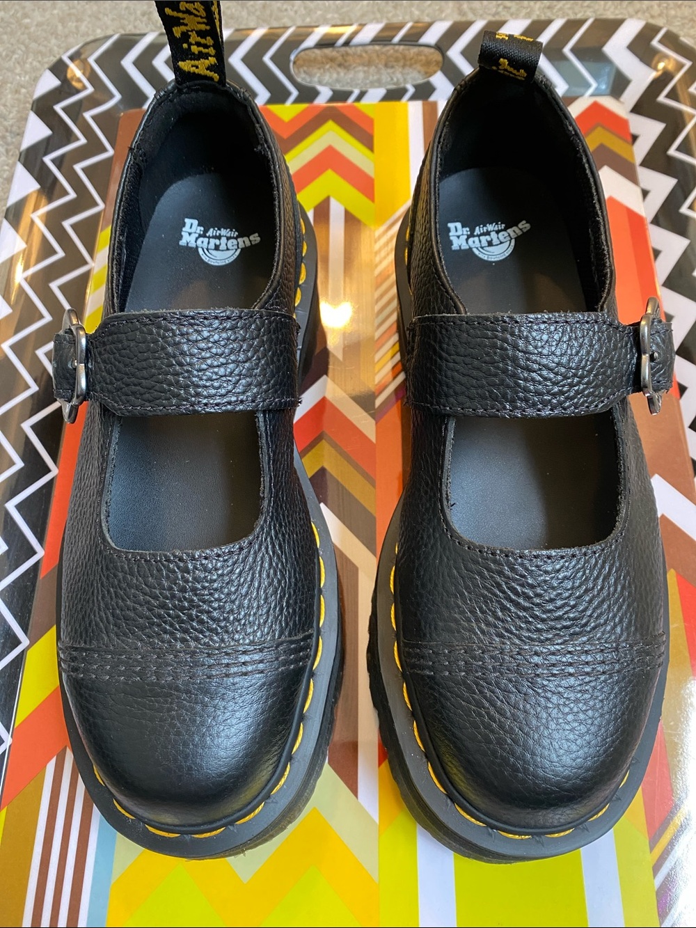 Dr. Martens Black Mary Jane Flats with Yellow Stitching Daisy Buckle Size 8